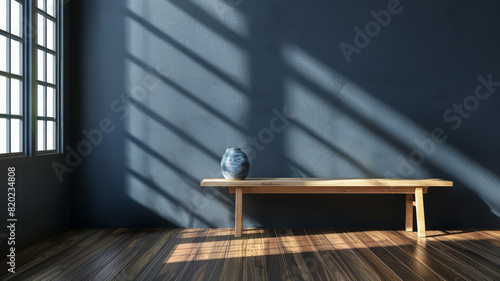 A wooden bench with a vase in a sunlit, minimalist room.