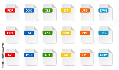 File type icons. Pdf, doc and xls document formats. Zip and jpg file extensions. Mp3, txt, exe, rar and gif files. Avi, mov, apk, eps and png file icons. Dwg drawing, ppt presentation