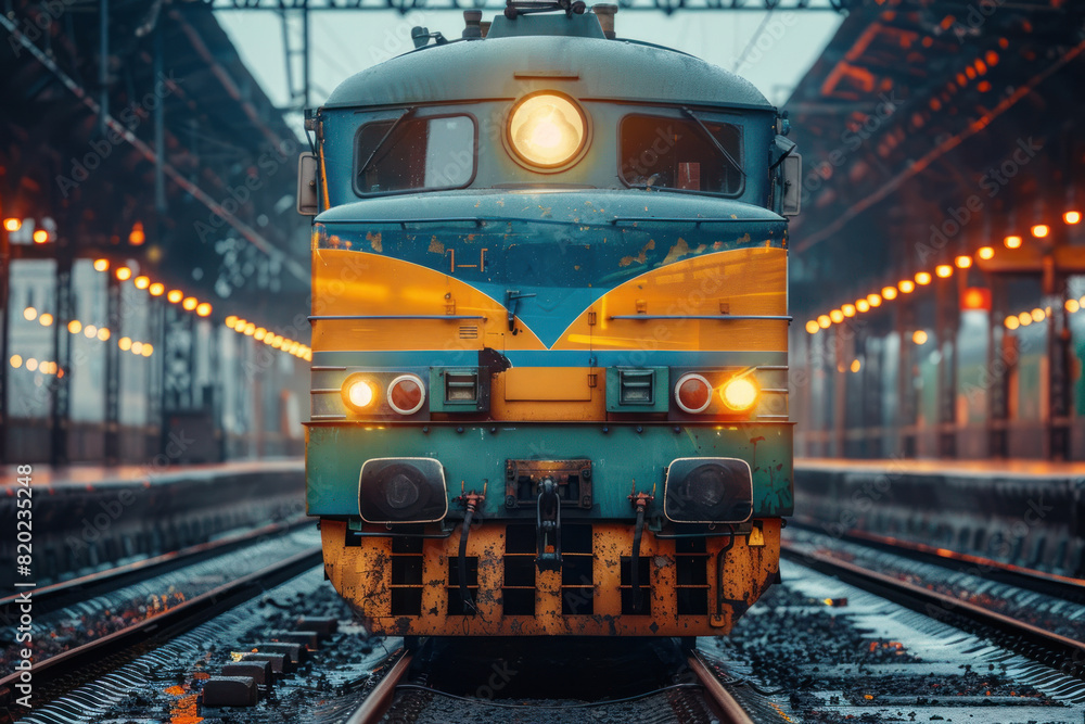 Obraz premium A diesel locomotive moves along the railway track in front in front. Lokomotiv leaves the depot