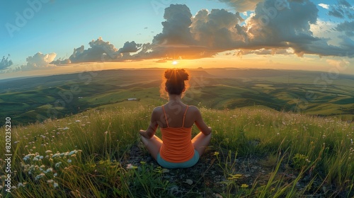 Woman sitting on hilltop in the countryside photo