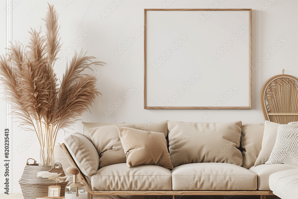 Vertical frame mockup in warm living room interior with beige sofa pillows dried grass in vase and boho style decoration on empty wall background. 3D rendering illustration