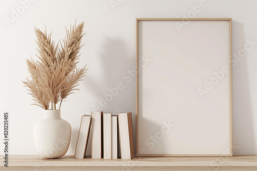 Vertical frame mockup in warm neutral minimalist interior with dried pampas grass trendy vase and books on wooden beige brown shelf on empty white wall  background. Illustration 3d rendering