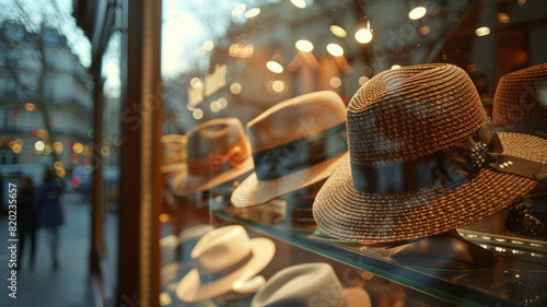 A display of hats in a storefront with a blurred street scene.