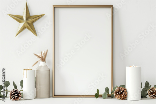 Vertical frame mockup with gold matal star eucalyptus twigs pine cones and candles on empty white wall background. Minimalist Christmas interior decoration. A4 A3 format. 3d rendering illustration photo