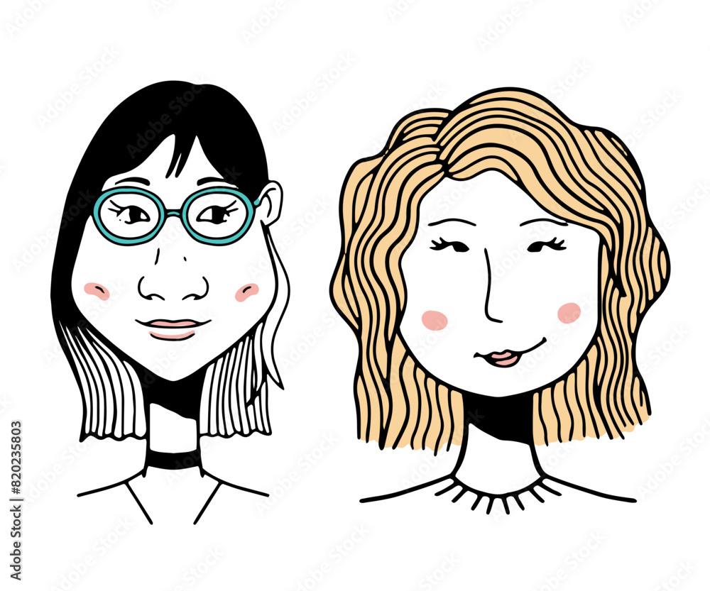 Hand-drawn funny character, young woman face, vector illustration, doodle people face, hand drawn Hand-drawn funny character, young woman face, vector illustration, doodle people face, hand drawn