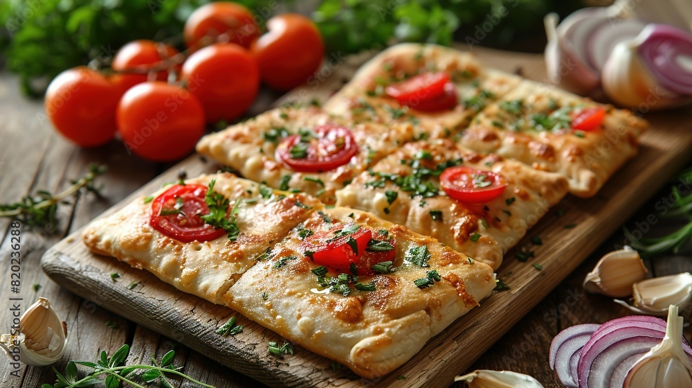 A close-up of a pizza on a cutting board surrounded by tomatoes and onions on a wooden table A close-up of a pizza on a cutting board surrounded by tomatoes and onions on a wooden table