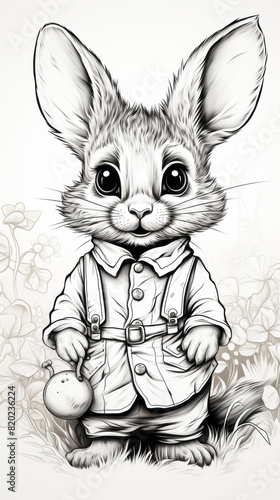 The illustration features a rabbit dressed in formal attire, sporting a suit and suspenders in black and white. It has elements of cartoon style with a focus on details like the ears and whiskers