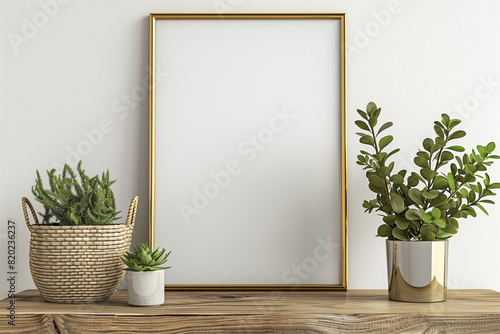 Vertical poster mockup with golden metal frame standing on table and decorated with jug green plants and pile of books on empty white wall background. 3D rendering illustration.