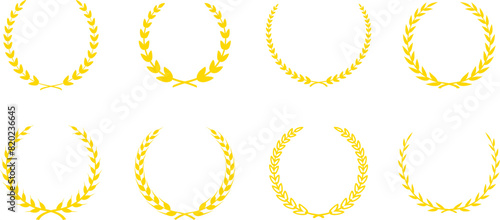 Gold laurel wreath, winner award set, branch of olive leaves or stars of victory symbol