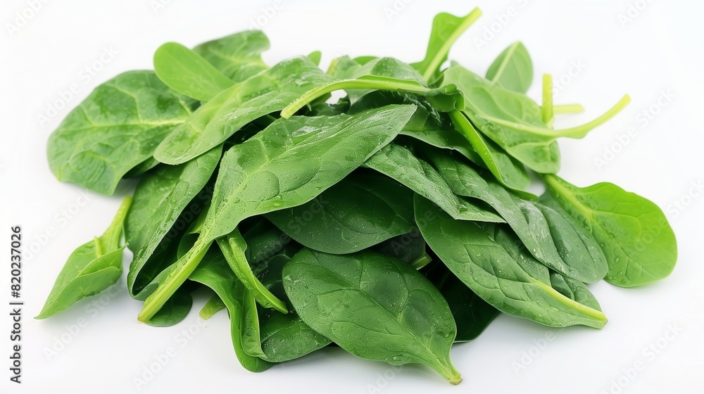 Deep Green Spinach Leaves, Fresh and Vibrant, on a Stark White Background Deep Green Spinach Leaves, Fresh and Vibrant, on a Stark White Background
