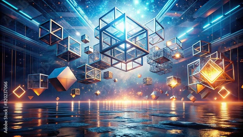 A surreal composition of floating geometric shapes and ethereal light, representing the intersection of imagination and technology in the digital age photo