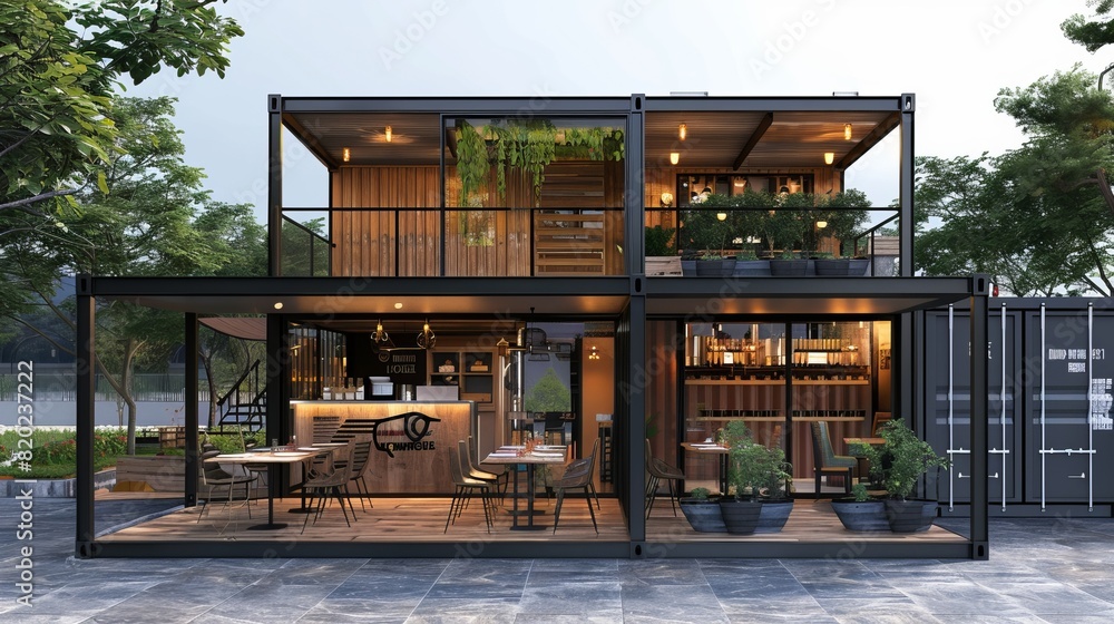 A 3D illustration and rendering of a two-storey container cafe A 3D illustration and rendering of a two-storey container cafe