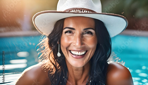 latina, cowgirl, hut, weiss, pool, schwimmbad, wasser, neu, close up, lachend, fröhlich, spaß, freude, model, haare, schön, schönheit, baden, schwimmen, sommer, sonne, Mexikanerin, Cowboyhut, 1, blau photo