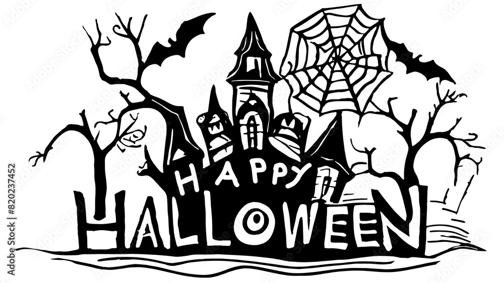 Happy Halloween poster, cartoon style, kids coloring page, transparent background, illustration. Happy Halloween poster, cartoon style, kids coloring page, transparent background, illustration.