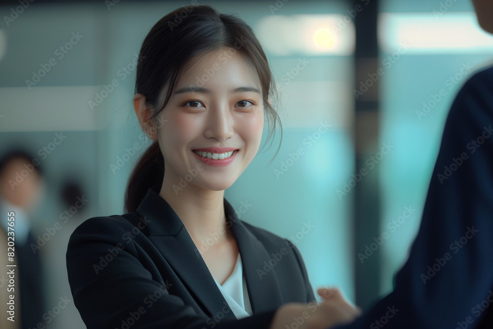 A professional Asian woman in business attire smiling while engaging in a handshake A professional Asian woman in business attire smiling while engaging in a handshake