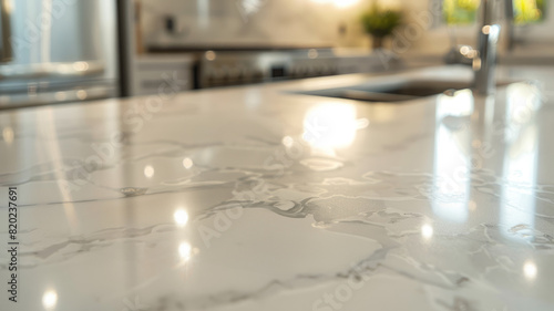 Marble kitchen countertop with a modern design and a bright  clean appearance.