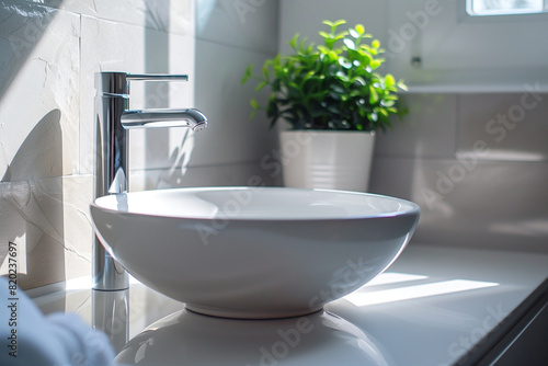 White round wash basin vessel sink and chrome faucet on white vanity. Minimalist interior design of modern bathroom.