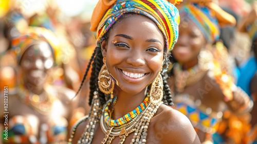 Beautiful Black Woman wearing a vibrant headdress smiles happily at the camera
