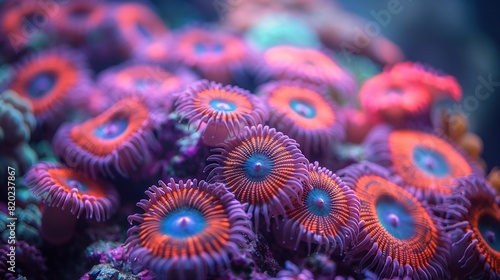   A close-up of vibrant purple and orange sea anemones adorn a coral, centered in blue, surrounded by additional corals photo