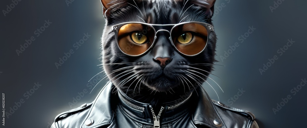 A stylish anthropomorphic cat wearing a leather jacket and round glasses exudes a cool and confident demeanor against a grey background.