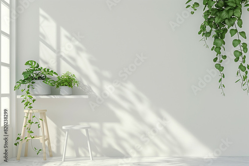 White wall mock up with green plants on shelf and stool. 3d rendering.