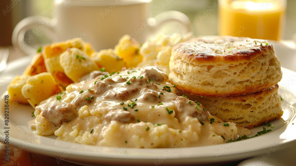 Plate with biscuits and gravy, potatoes, and orange juice. Plate with biscuits and gravy, potatoes, and orange juice.