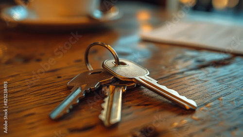 Close-up of house keys on a wooden table indoors.