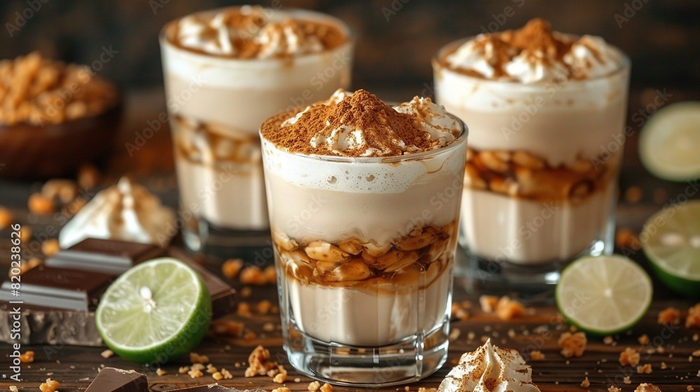 A close-up of a dessert in a glass on a table with a lime slice and a chocolate bar in the background A close-up of a dessert in a glass on a table with a lime slice and a chocolate bar in the background