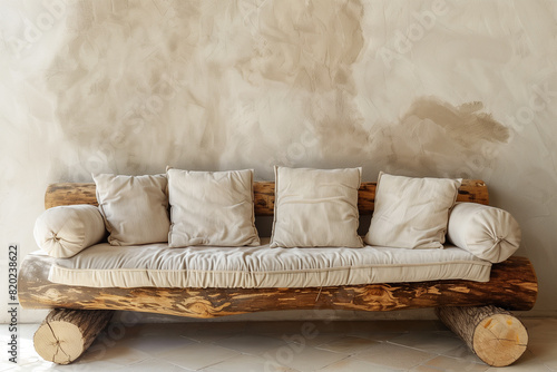 Wood log bench with beige cushions against stucco wall with copy space. Rustic boho home interior design of modern living room.