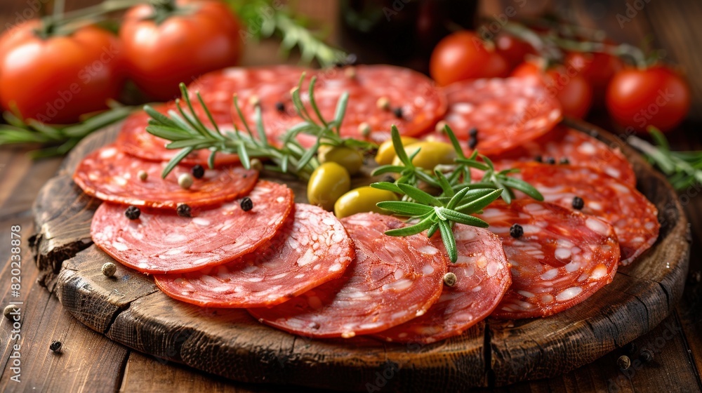   A wooden board holds sliced salami, olives, tomatoes, and a sprig of rosemary