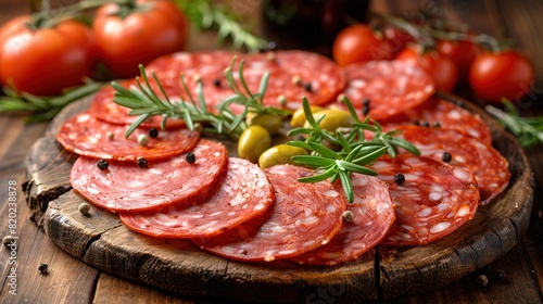  A wooden board holds sliced salami, olives, tomatoes, and a sprig of rosemary