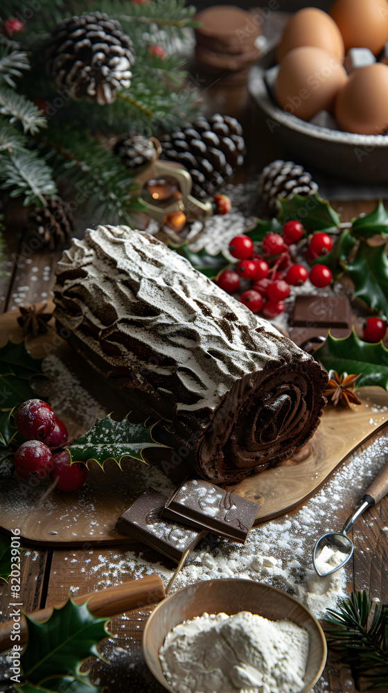 Festive Preparation of a Traditional Chocolate Yule Log for Christmas Celebrations