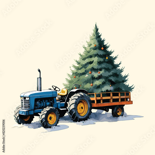 Watercolor Farm Tractor With Christmas Tree Illustration