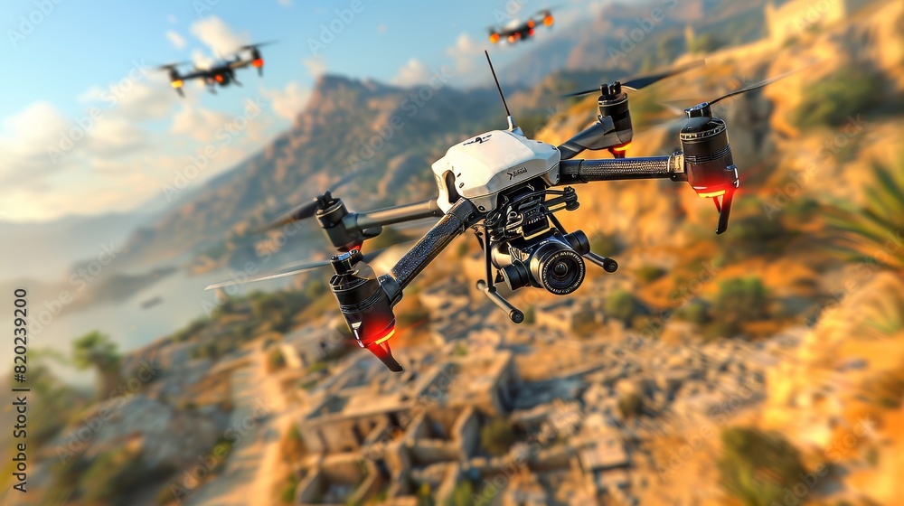 A military scene depicting multiple white military combat drones flying through the air over enemy territory. The ruined city is below. A military scene depicting multiple white military combat drones flying through the air over enemy territory. The ruined city is below.