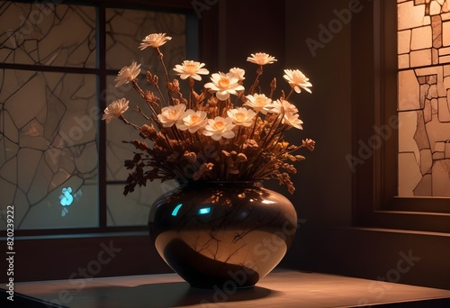 Dainty, pale Bachelors Button  petals neatly arranged in a minimalist,  vase resting on a smooth,luminous window photo