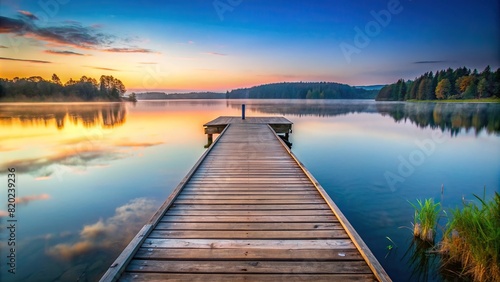 A simple wooden dock stretching out into a calm lake  illuminated by the first light of day