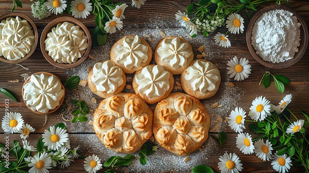 A beautifully decorated table is set with various pies covered in frosting and surrounded by wooden bowls containing white and yellow flowers A beautifully decorated table is set with various pies covered in frosting and surrounded by wooden bowls containing white and yellow flowers