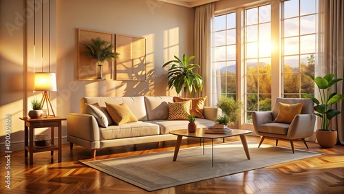 A cozy corner of a living room flooded with golden hour sunlight  casting warm shadows on the neutral-colored furniture