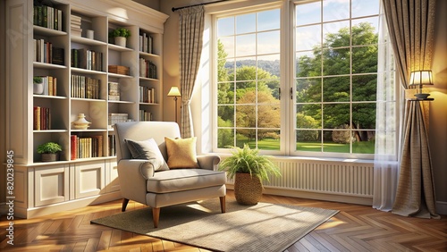 Sunlit reading nook with a comfortable chair  large window  and white curtains