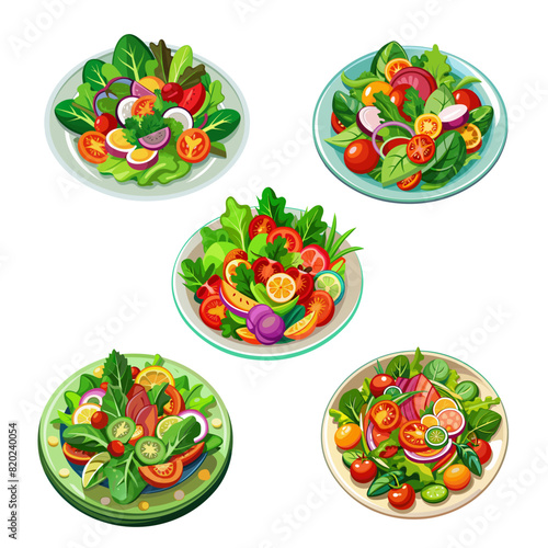 Set of green salad of fresh vegetables salad bowl on white background