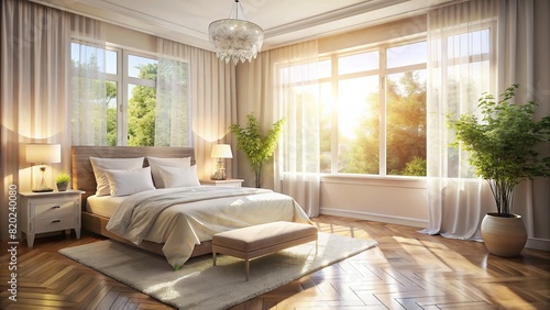 A fresh, clean bedroom with soft sunlight streaming through sheer curtains photo