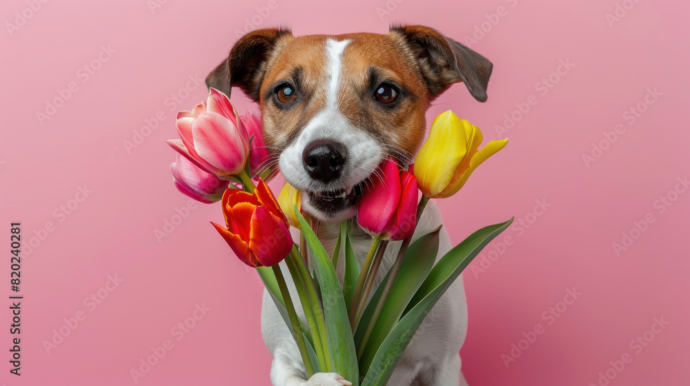 A cute dog holds a bunch of colorful tulips in its teeth against a pink background. The image is suitable for spring-themed greeting cards for Valentine's Day, Women's Day, birthdays, and weddings. A cute dog holds a bunch of colorful tulips in its teeth against a pink background. The image is suitable for spring-themed greeting cards for Valentine's Day, Women's Day, birthdays, and weddings.