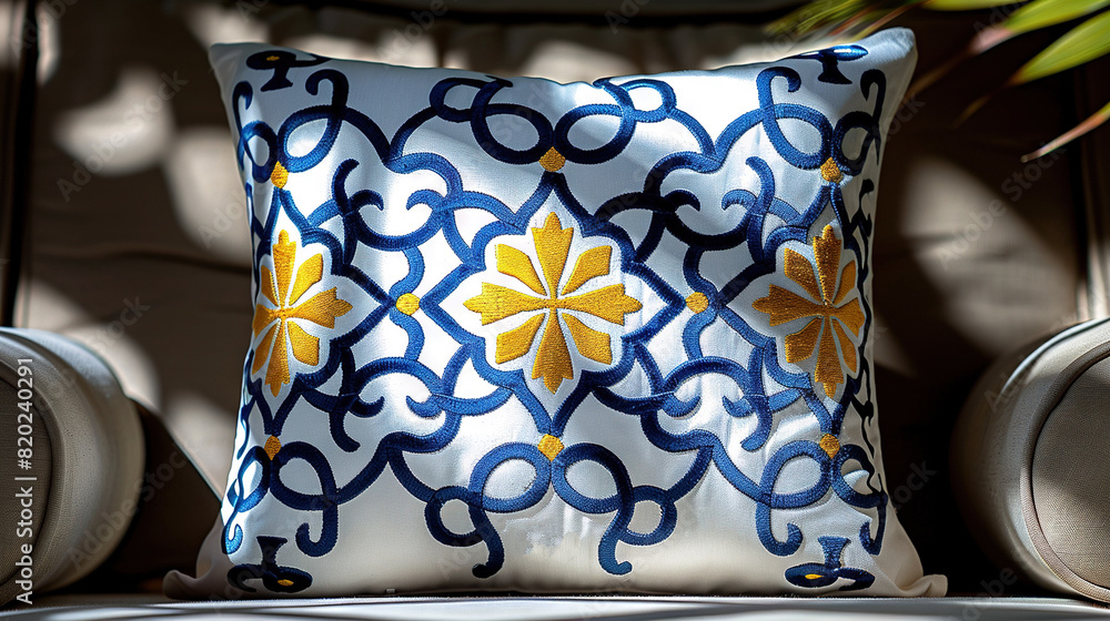 A blue and yellow pillow rests on a couch beside a potted plant perched on a chair A blue and yellow pillow rests on a couch beside a potted plant perched on a chair