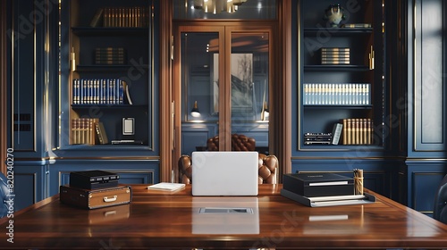 Within the hushed confines of a wood-paneled boardroom, a laptop stands as the focal point amidst leather-bound journals and polished brass accents. The background, a deep navy blue,  photo
