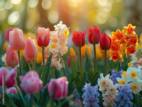 A garden bursting with tulips  daffodils  and hyacinths  under the early morning sun of a spring day  evoking a sense of joy and freshness. The lighting is warm and cheerful  