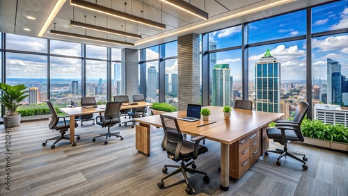 A spacious office with panoramic views of the city skyline  flooded with natural light for a productive work environment