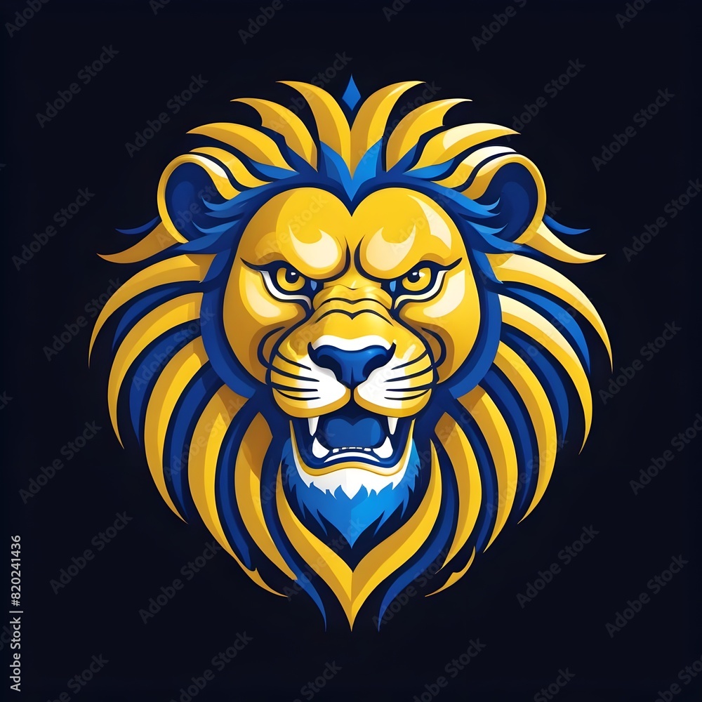 angry lion head logo vector with sharp blue and yellow mane, lion head logo on black angry lion head logo vector with sharp blue and yellow mane, lion head logo on black