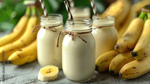   A group of bananas positioned beside a yogurt container and several bananas arranged on a table photo