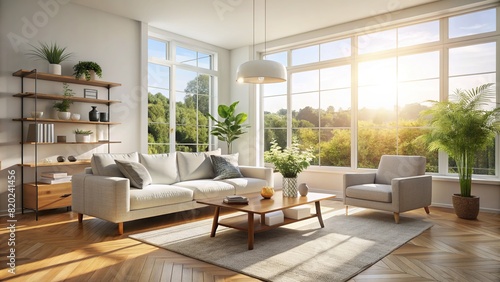 Sunlit living room with a large window  minimal furniture  and white decor