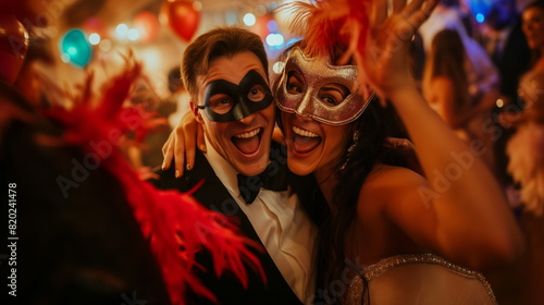 Man and a woman wearing sunglasses and hats, posing in silly costumes and making funny faces, carnaval